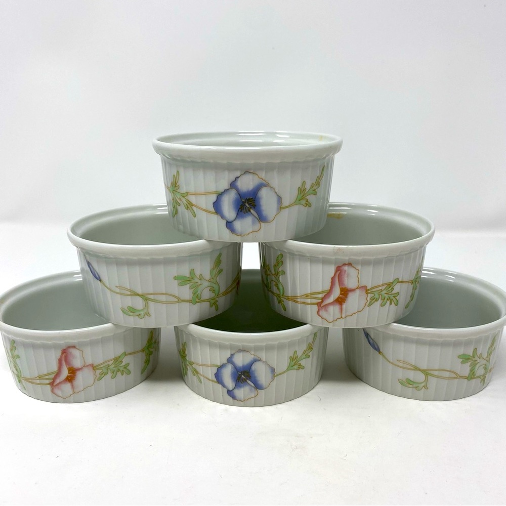 5 Ramekins Ribbed White Flower Design Pillivuyt France 4 oz - set of 6, 1 w chip